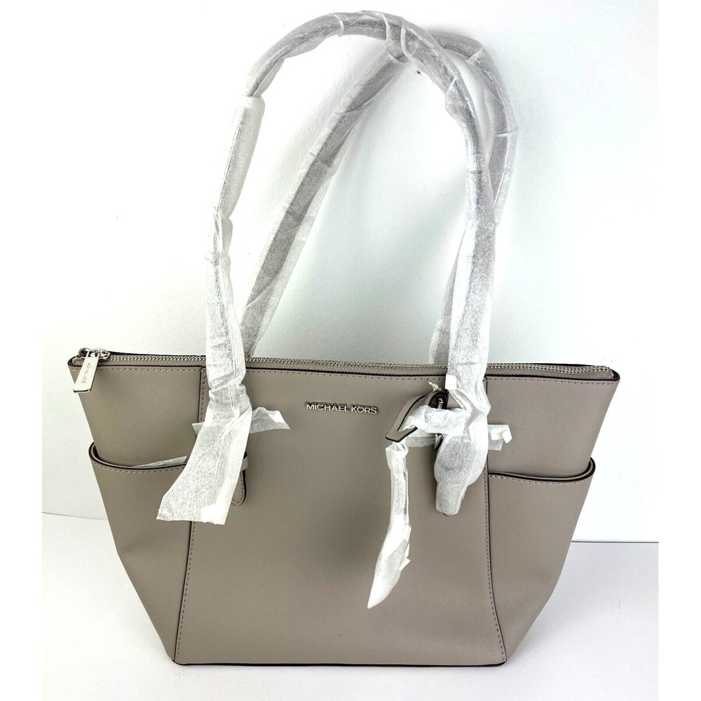 Michael Kors Charlotte Pearl Grey Top Zip Leather Tote Handbag NWT $398